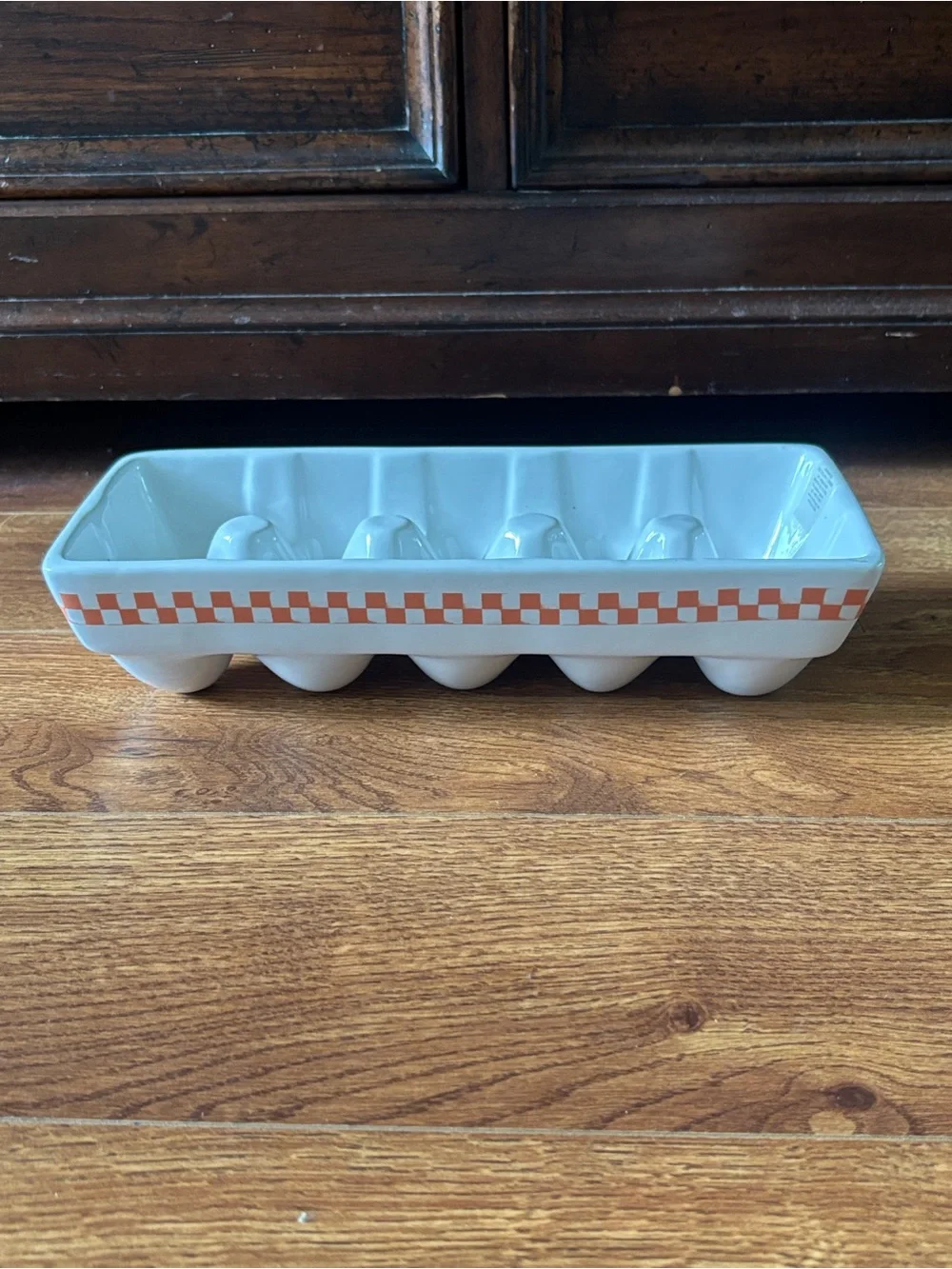 Ceramic Egg Holder Tray with Orange Check Stripe